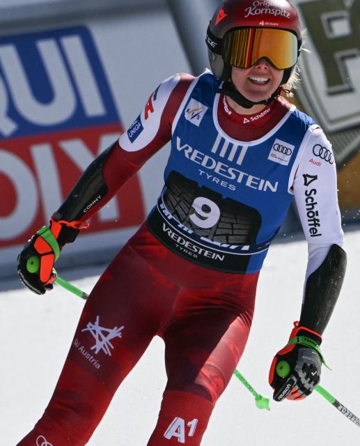 Austria's Cornelia Hutter reacts after her run in the Women's Super G race of the FIS Ski World Cup at the La Volata slope in the Passo San Pellegrino ski area, Val di Fassa, Italy on March 8, 2026. (Photo by Andreas SOLARO / AFP)