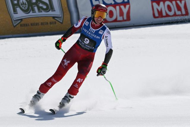 Austria's Cornelia Hutter reacts after her run in the Women's Super G race of the FIS Ski World Cup at the La Volata slope in the Passo San Pellegrino ski area, Val di Fassa, Italy on March 8, 2026. (Photo by Andreas SOLARO / AFP)