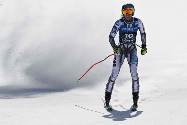 Czech Republic's Ester Ledecka reacts after her run in the Women's Super G race of the FIS Ski World Cup at the La Volata slope in the Passo San Pellegrino ski area, Val di Fassa, Italy on March 8, 2026. (Photo by Andreas SOLARO / AFP)