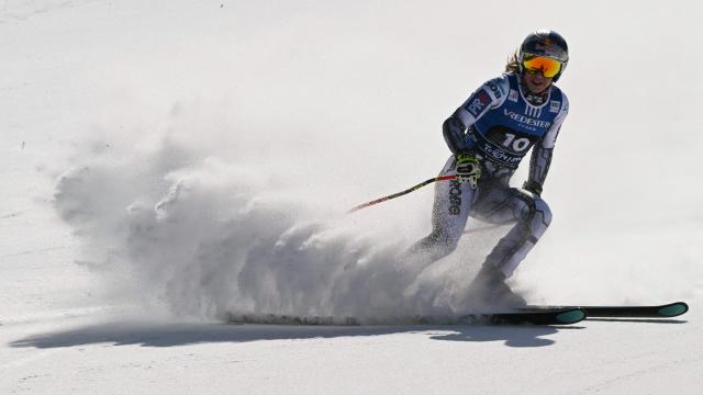 Czech Republic's Ester Ledecka reacts after her run in the Women's Super G race of the FIS Ski World Cup at the La Volata slope in the Passo San Pellegrino ski area, Val di Fassa, Italy on March 8, 2026. (Photo by Andreas SOLARO / AFP)