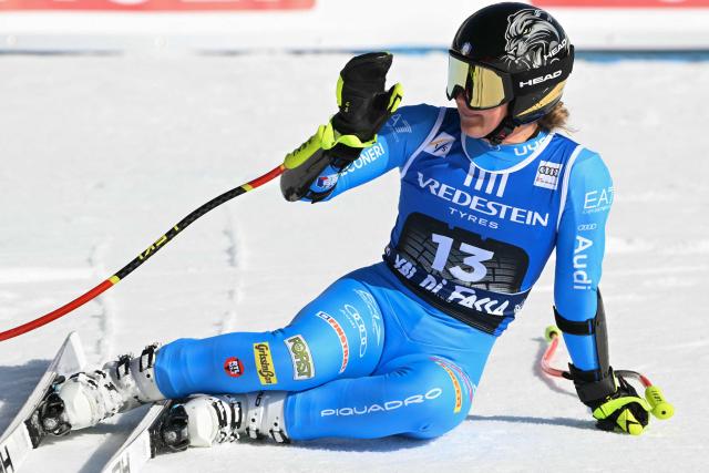 Italy's Laura Pirovano reacts after her run in the Women's Super G race of the FIS Ski World Cup at the La Volata slope in the Passo San Pellegrino ski area, Val di Fassa, Italy on March 8, 2026. (Photo by Andreas SOLARO / AFP)
