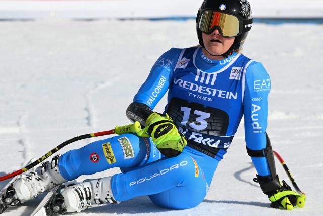 Italy's Laura Pirovano reacts after her run in the Women's Super G race of the FIS Ski World Cup at the La Volata slope in the Passo San Pellegrino ski area, Val di Fassa, Italy on March 8, 2026. (Photo by Andreas SOLARO / AFP)