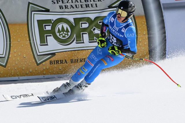 Italy's Laura Pirovano reacts after her run in the Women's Super G race of the FIS Ski World Cup at the La Volata slope in the Passo San Pellegrino ski area, Val di Fassa, Italy on March 8, 2026. (Photo by Andreas SOLARO / AFP)
