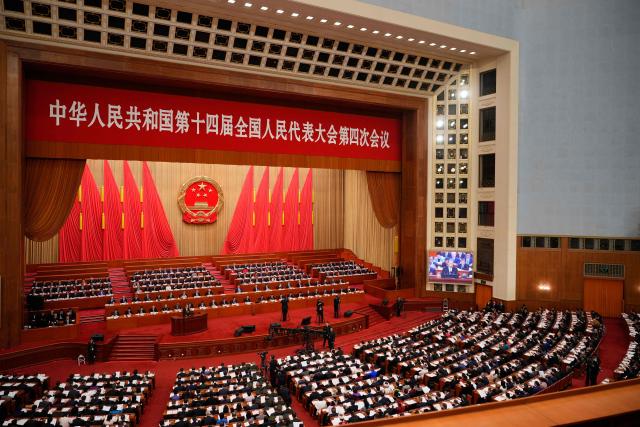 Chairman of the Standing Committee of the National People's Congress Zhao Leji speaks during a plenary session of China's National People's Congress (NPC) at the Great Hall of the People in Beijing on March 9, 2026. (Photo by Vincent Thian / POOL / AFP)
