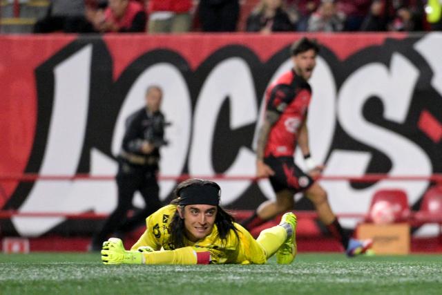 Santos' goalkeeper #01 Carlos Acevedo reacts lying on the ground during the Liga MX Clausura football match between Tijuana and Santos Laguna at Caliente stadium in Tijuana, Mexico on March 8, 2026. (Photo by Guillermo ARIAS / AFP)