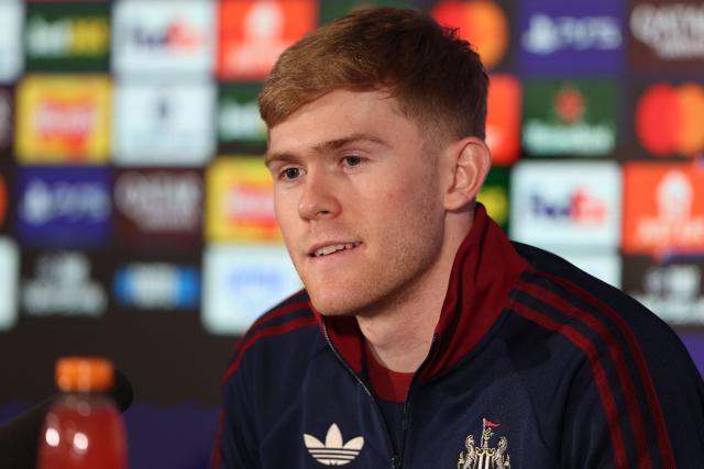 Newcastle United's English midfielder #20 Lewis Hall attends a press conference at St James' Park in Newcastle upon Tyne, on March 9, 2026, the eve of their UEFA Champions League Last 16 football match against Barcelona. (Photo by SCOTT HEPPELL / AFP)