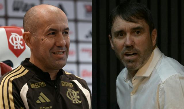 (COMBO) This combination of pictures created on March 09, 2026 shows Flamengo’s Portuguese head coach Leonardo Jardim as he is presented to the press at Flamengo’s training center Ninho do Urubu in Vargem Grande neighborhood, southwestern zone of Rio de Janeiro, Brazil, on March 5, 2026, and Eduardo Coudet as he arrives arrives for his presentation as Argentina's football side Rive Plate new head coach at the Mas Monumental stadium in Buenos Aires on March 4, 2026. Expectations in Buenos Aires and necessity in Rio de Janeiro: Eduardo Coudet will make his debut on the River Plate bench in the Argentine Apertura tournament on March 12, 2026, while Leonardo Jardim faces his second test at Flamengo, forced to react in the Brasileirгo on March 11, 2026. (Photo by MAURO PIMENTEL and JUAN MABROMATA / AFP)