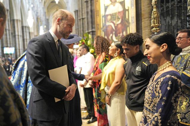 Britain's Prince William, Prince of Wales speaks to attendees during the annual Commonwealth Day service ceremony at Westminster Abbey in London, on March 9, 2026. (Photo by Aaron Chown / POOL / AFP)