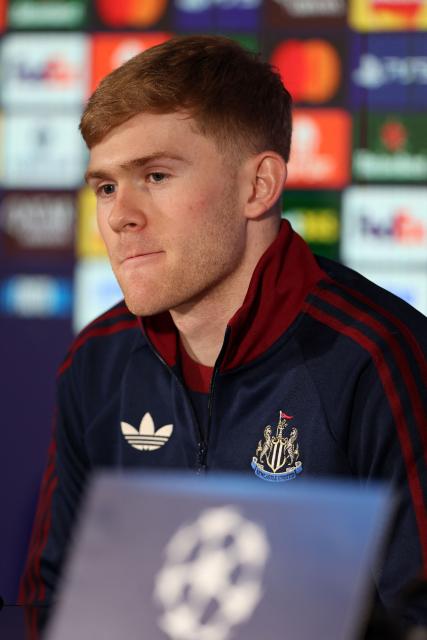 Newcastle United's English midfielder #20 Lewis Hall attends a press conference at St James' Park in Newcastle upon Tyne, on March 9, 2026, the eve of their UEFA Champions League Last 16 football match against Barcelona. (Photo by SCOTT HEPPELL / AFP)