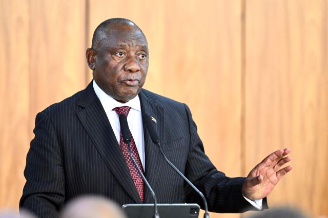 South African President Cyril Ramaphosa speaks during a press statement after meeting Brazil's President Luiz Inacio Lula da Silva at the Planalto Palace in Brasilia, on March 9, 2026. (Photo by Evaristo Sa / AFP)