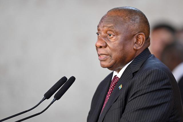 South African President Cyril Ramaphosa speaks during a press statement after meeting Brazil's President Luiz Inacio Lula da Silva at the Planalto Palace in Brasilia, on March 9, 2026. (Photo by Evaristo Sa / AFP)