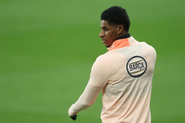 Barcelona's English forward #14 Marcus Rashford takes part in a training session at St James' Park in Newcastle upon Tyne, on March 9, 2026, the eve of their UEFA Champions League Last 16 football match against Newcastle United. (Photo by SCOTT HEPPELL / AFP)
