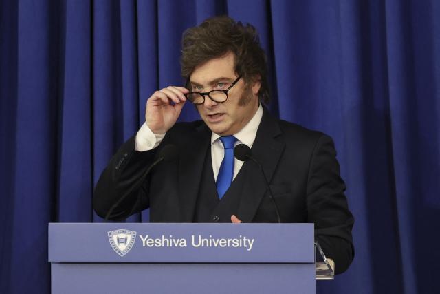 Argentina's President  Javier Milei Argentina’s President Milei speaks with Yeshiva University President Rabbi Dr. Ari Berman as part of the university’s “Great Conversations” series during an “Argentina Week” discussion focusing on global economic leadership and voicing support for the State of Israel on March 9, 2026 in New York City. (Photo by ANGELA WEISS / AFP)