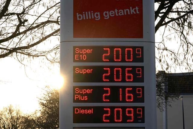 A photo shows an illuminated display showing the prices at a gas station in Essen on March 9, 2026. The Iran war sent oil prices soaring on March 9, 2026 after Tehran, under new leader Mojtaba Khamanei, fired a new barrage of missiles at its Gulf neighbours and signalled that the strategic Strait of Hormuz would likely remain shut.
With the Strait of Hormuz off Iran remaining closed to almost all oil tankers, the price of benchmark crude oil contracts rocketed past $100 a barrel on Monday -- their highest levels since Russia's invasion of Ukraine in 2022 -- before edging back slightly. (Photo by Ina FASSBENDER / AFP)