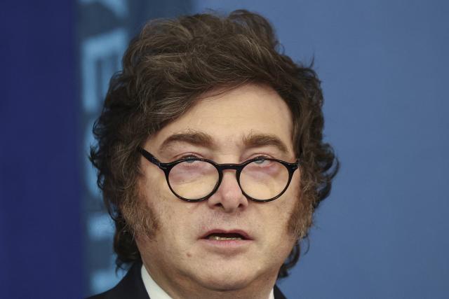 Argentina's President  Javier Milei Argentina’s President Milei speaks with Yeshiva University President Rabbi Dr. Ari Berman as part of the university’s “Great Conversations” series during an “Argentina Week” discussion focusing on global economic leadership and voicing support for the State of Israel on March 9, 2026 in New York City. (Photo by ANGELA WEISS / AFP)