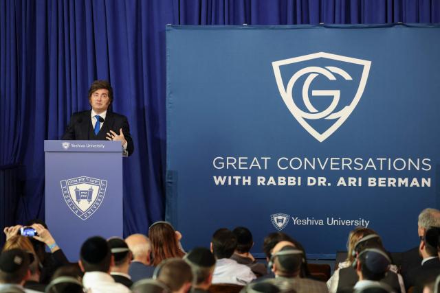Argentina's President  Javier Milei Argentina’s President Milei speaks with Yeshiva University President Rabbi Dr. Ari Berman as part of the university’s “Great Conversations” series during an “Argentina Week” discussion focusing on global economic leadership and voicing support for the State of Israel on March 9, 2026 in New York City. (Photo by ANGELA WEISS / AFP)