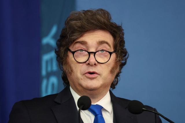 Argentina's President  Javier Milei Argentina’s President Milei speaks with Yeshiva University President Rabbi Dr. Ari Berman as part of the university’s “Great Conversations” series during an “Argentina Week” discussion focusing on global economic leadership and voicing support for the State of Israel on March 9, 2026 in New York City. (Photo by ANGELA WEISS / AFP)