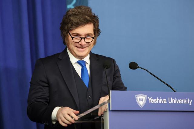 Argentina's President  Javier Milei Argentina’s President Milei speaks with Yeshiva University President Rabbi Dr. Ari Berman as part of the university’s “Great Conversations” series during an “Argentina Week” discussion focusing on global economic leadership and voicing support for the State of Israel on March 9, 2026 in New York City. (Photo by ANGELA WEISS / AFP)