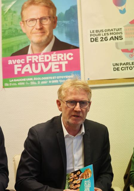 Candidate in the municipal elections in Amiens, Frederic Fauvet, speaks to the press in Amiens, northern France, on March 9, 2026. (Photo by Francois LO PRESTI / AFP)