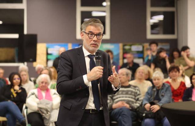 French Socialist party (PS) first secretary Olivier Faure speaks during a meeting in support of the candidate in the municipal elections in Amiens, Frederic Fauvet, in Amiens, northern France, on March 9, 2026. (Photo by Francois LO PRESTI / AFP)