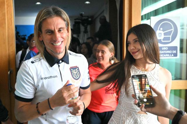 Ecuador's national football team head coach Argentine Sebastian Beccacece leaves after a press conference in Quito on March 9, 2026. Ecuador will face two international friendly matches against Morocco on March 27 and Netherlands on March 31, 2026. (Photo by Rodrigo BUENDIA / AFP)