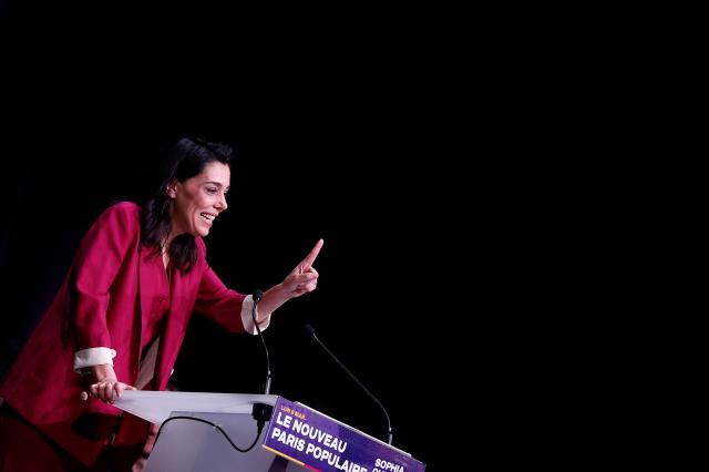 La France Insoumise's MP and head candidate in the Paris municipal elections Sophia Chikirou delivers a speech during a campaign rally of the left-wing lists candidates ahead of France's upcoming municipal elections at the Mutualite venue in Paris on March 9, 2026. (Photo by Kenzo TRIBOUILLARD / AFP)