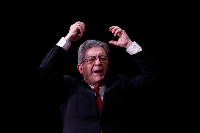 Leader of French left-wing La France Insoumise (LFI) party Jean-Luc Melenchon delivers a speech at a campaign rally of the left-wing lists candidates ahead of France's upcoming municipal elections at the Mutualite venue in Paris on March 9, 2026. (Photo by Kenzo TRIBOUILLARD / AFP)