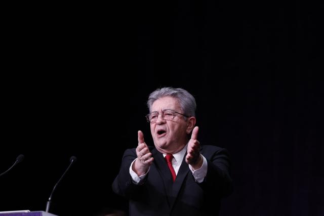 Leader of French left-wing La France Insoumise (LFI) party Jean-Luc Melenchon delivers a speech at a campaign rally of the left-wing lists candidates ahead of France's upcoming municipal elections at the Mutualite venue in Paris on March 9, 2026. (Photo by Kenzo TRIBOUILLARD / AFP)