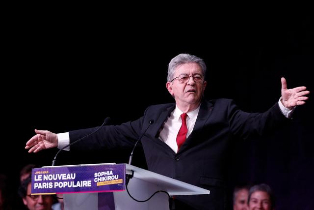 Leader of French left-wing La France Insoumise (LFI) party Jean-Luc Melenchon delivers a speech at a campaign rally of the left-wing lists candidates ahead of France's upcoming municipal elections at the Mutualite venue in Paris on March 9, 2026. (Photo by Kenzo TRIBOUILLARD / AFP)