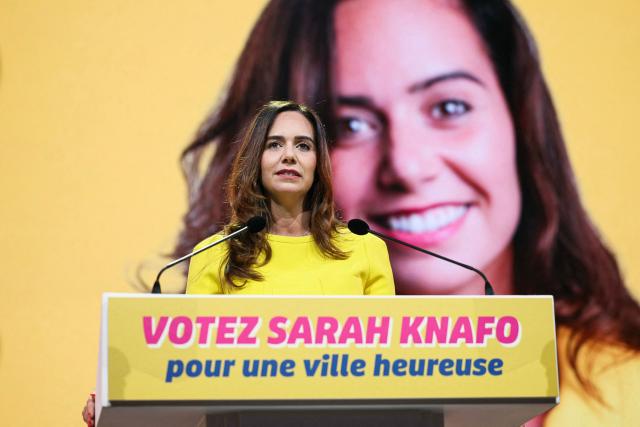 French far-right party Reconquete! MEP and candidate for mayor of Paris Sarah Knafo speaks during a campaign meeting at the Dome de Paris venue in Paris on March 9, 2026. (Photo by Dimitar DILKOFF / AFP)