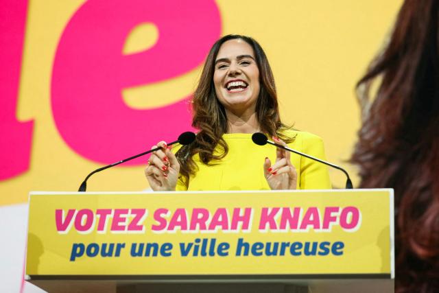 French far-right party Reconquete! MEP and candidate for mayor of Paris Sarah Knafo speaks during a campaign meeting at the Dome de Paris venue in Paris on March 9, 2026. (Photo by Dimitar DILKOFF / AFP)