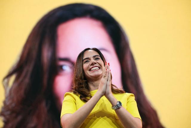 French far-right party Reconquete! MEP and candidate for mayor of Paris Sarah Knafo gestures during a campaign meeting at the Dome de Paris venue in Paris on March 9, 2026. (Photo by Dimitar DILKOFF / AFP)