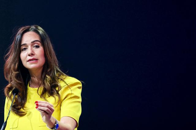 French far-right party Reconquete! MEP and candidate for mayor of Paris Sarah Knafo speaks during a campaign meeting at the Dome de Paris venue in Paris on March 9, 2026. (Photo by Dimitar DILKOFF / AFP)
