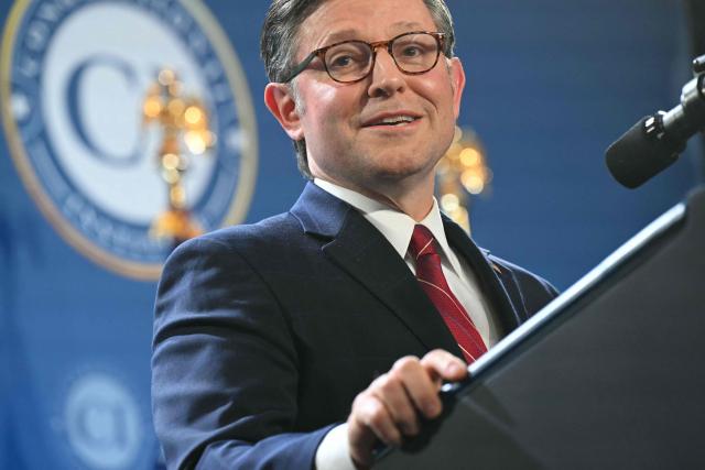 US House Speaker Mike Johnson addresses the Republican Members Issue Conference at Trump National Doral in Miami, Florida, on March 9, 2026. (Photo by SAUL LOEB / AFP)