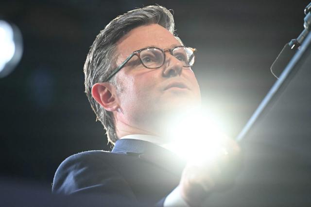 US House Speaker Mike Johnson addresses the Republican Members Issue Conference at Trump National Doral in Miami, Florida, on March 9, 2026. (Photo by SAUL LOEB / AFP)