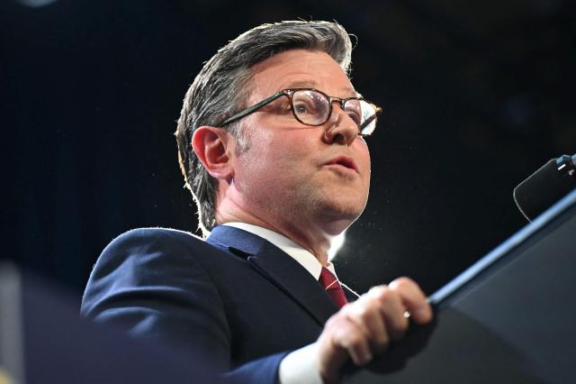 US House Speaker Mike Johnson addresses the Republican Members Issue Conference at Trump National Doral in Miami, Florida, on March 9, 2026. (Photo by SAUL LOEB / AFP)