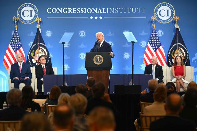 US President Donald Trump speaks during the Republican Members Issues Conference at Trump National Doral in Miami, Florida, on March 9, 2026. (Photo by SAUL LOEB / AFP)