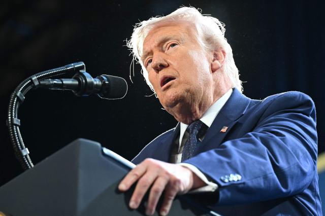 US President Donald Trump speaks during the Republican Members Issues Conference at Trump National Doral in Miami, Florida, on March 9, 2026. (Photo by SAUL LOEB / AFP)