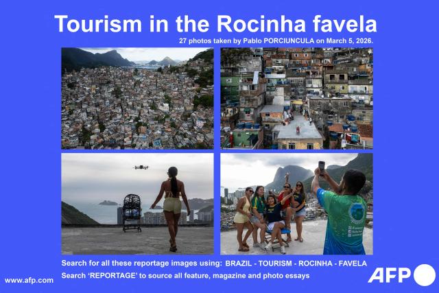 Embargoed until March 10, 2026 - 01:00 GMT / AFP presents a photo essay of 27 pictures by Pablo Porciuncula taken on March 5, 2026, of tourism in the Rocinha favela. A line of tourists touch up their make-up before strutting across a rooftop in Rio de Janeiro's largest favela, posing for a drone as it zooms out to reveal dramatic aerial views of the hillside community. Set to an infectious beat, the video of the Rocinha favela has gone viral on social media at a time when the city is drawing record numbers of tourists. Search for all these reportage images using: BRAZIL-TOURISM-ROCINHA-FAVELA
Search ‘REPORTAGE’ to source all feature, magazine and photo essays. (Photo by Pablo PORCIUNCULA / AFP)
