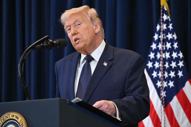 US President Donald Trump speaks during a press conference at Trump National Doral in Miami, Florida, on March 9, 2026. (Photo by SAUL LOEB / AFP)