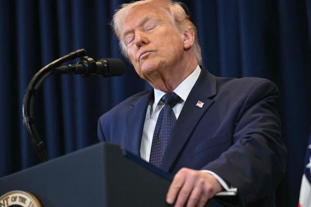 US President Donald Trump speaks during a press conference at Trump National Doral in Miami, Florida, on March 9, 2026. President Trump on Monday threatened a larger attack on Iran if it blocks supplies of oil, whose prices have spiked over the Middle East war. (Photo by SAUL LOEB / AFP)