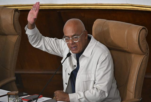 Venezuela's National Assembly President Jorge Rodriguez attends the first session of a new mining law debate at the National Assembly in Caracas on March 9, 2026. Venezuela begins debate on a new mining law on Marc 9, 2026, that seeks to attract foreign capital, amid renewed relations with the US following the fall of Nicolas Maduro. (Photo by Juan BARRETO / AFP)
