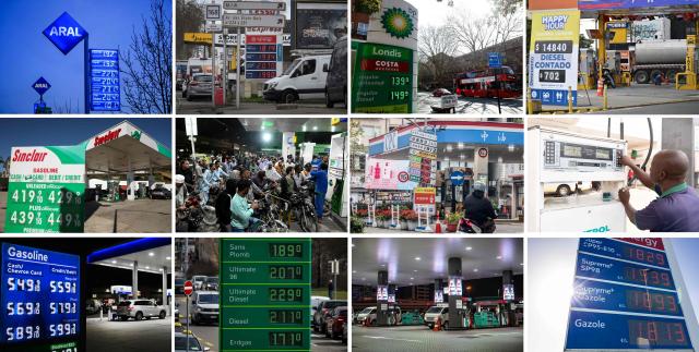 (COMBO) This combination photo created on March 10, 2026 shows people at petrol stations in various countries including Colombia, Pakistan, Germany, France, Nigeria, Taiwan, Britain, the United Arab Emirates and the US taken between March 2 and March 9. Oil prices sank and equities rallied on March 10 following a wild day of swings that came after Donald Trump said the US-Israel war on Iran would be ending earlier than thought. (Photo by AFP)