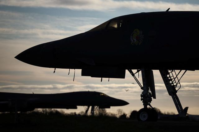 US Air Force B-1 Lancer bombers are pictured on the tarmac after arriving overnight at RAF Fairford in south-west England, early on March 10, 2026. Fairford is one of two bases, along with the Diego Garcia facility in the Indian Ocean, that the UK has given the US permission to use for "specific defensive operations into Iran" to destroy Iranian missiles at source, the British defence minister said in a statement. (Photo by Henry Nicholls / AFP)