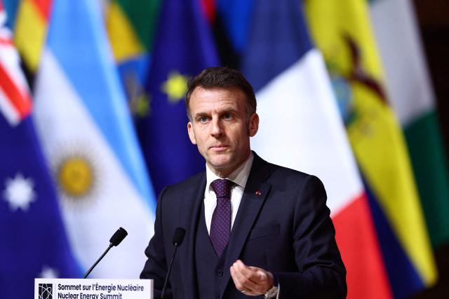 French President Emmanuel Macron delivers remarks during the Nuclear Energy Summit at the Seine Musicale venue in Boulogne-Billancourt, outside Paris, on March 10, 2026. (Photo by Abdul Saboor / POOL / AFP)