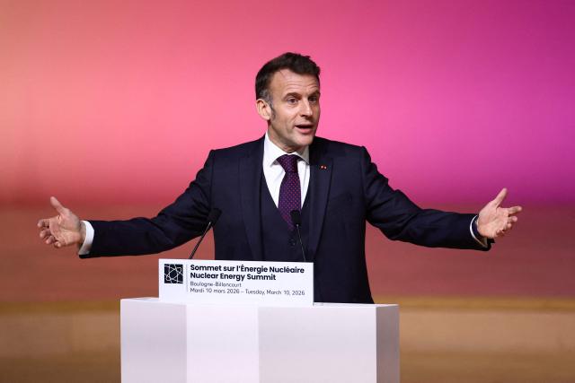 French President Emmanuel Macron addresses the Nuclear Energy Summit at the Seine Musicale venue in Boulogne-Billancourt, outside Paris, on March 10, 2026. (Photo by Abdul Saboor / POOL / AFP)