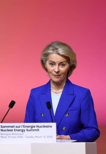 European Commission President Ursula von der Leyen addresses the Nuclear Energy Summit at the Seine Musicale venue in Boulogne-Billancourt, outside Paris, on March 10, 2026. (Photo by Abdul Saboor / POOL / AFP)