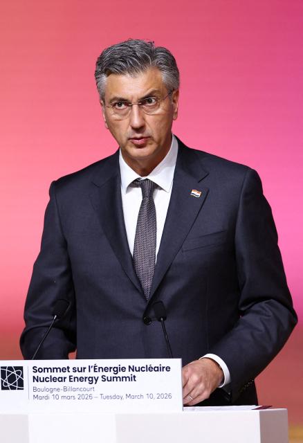 Croatia's Prime Minister Andrej Plenkovic delivers a speech during the Nuclear Energy Summit at the Seine Musicale venue in Boulogne-Billancourt, outside Paris, on March 10, 2026. (Photo by Abdul Saboor / POOL / AFP)