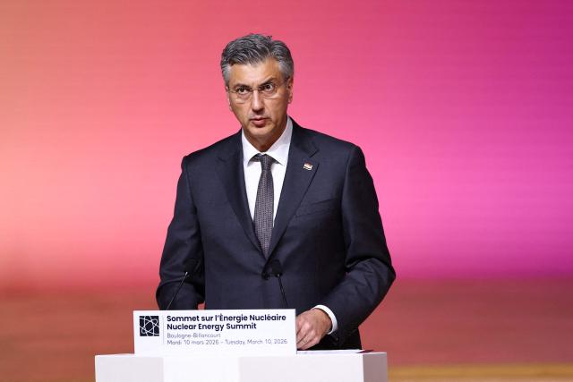 Croatia's Prime Minister Andrej Plenkovic delivers a speech during the Nuclear Energy Summit at the Seine Musicale venue in Boulogne-Billancourt, outside Paris, on March 10, 2026. (Photo by Abdul Saboor / POOL / AFP)