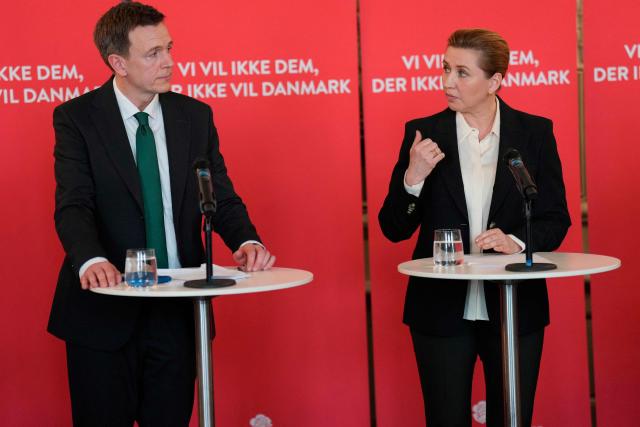Prime Minister Mette Frederiksen and Minister of Immigration and Integration Rasmus Stoklund present the Social Democrats' immigration proposal in the party's meeting room at Christiansborg in Copenhagen, on March 10, 2026, as the Danish parliamentary election is held on March 24, 2026. (Photo by Liselotte Sabroe / Ritzau Scanpix / AFP) / Denmark OUT